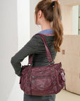 Vintage Distressed Vegan PU Studded Multi-Pocket Shoulder Tote Bag