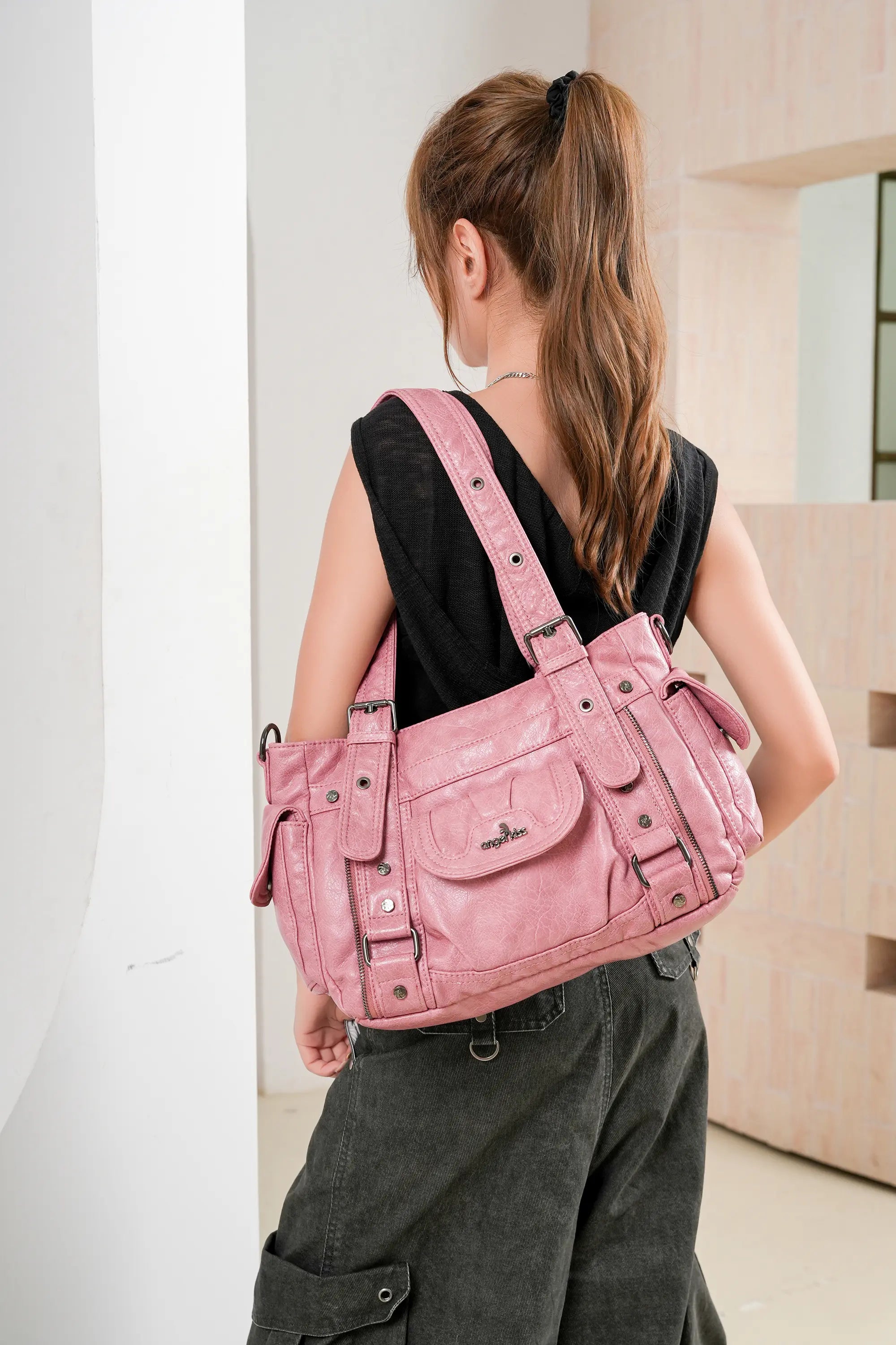 Vintage Washed Slouchy Hobo - Studded Multi-Pocket Crossbody