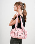 Vintage Soft Leather Boston Bag - Studded Barrel Shoulder Handbag