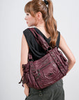 Vintage Distressed Vegan PU Studded Multi-Pocket Shoulder Tote Bag