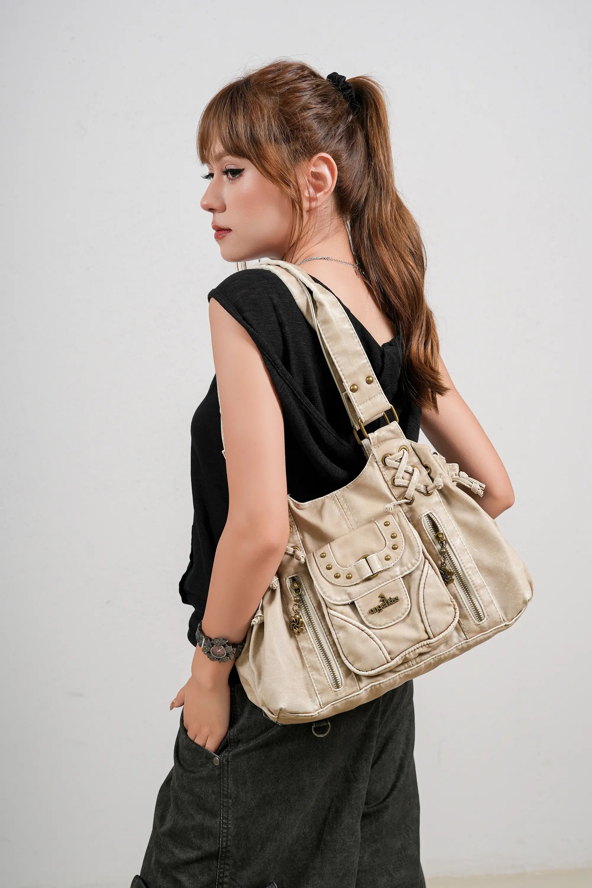 Lace-Up Multi-Pocket Hobo Shoulder Bag