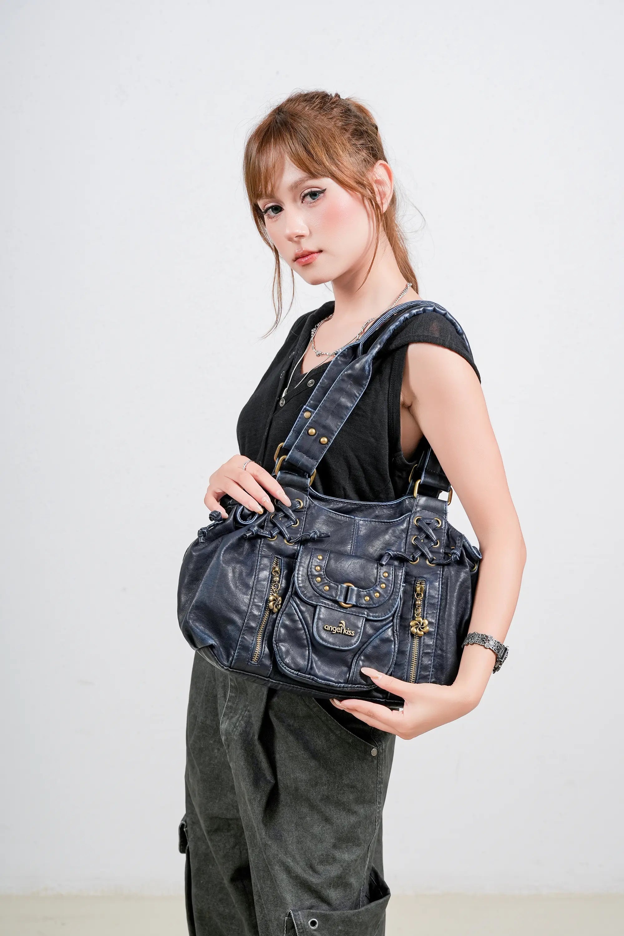 Lace-Up Multi-Pocket Hobo Shoulder Bag