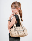 Vintage Soft Leather Boston Bag - Studded Barrel Shoulder Handbag
