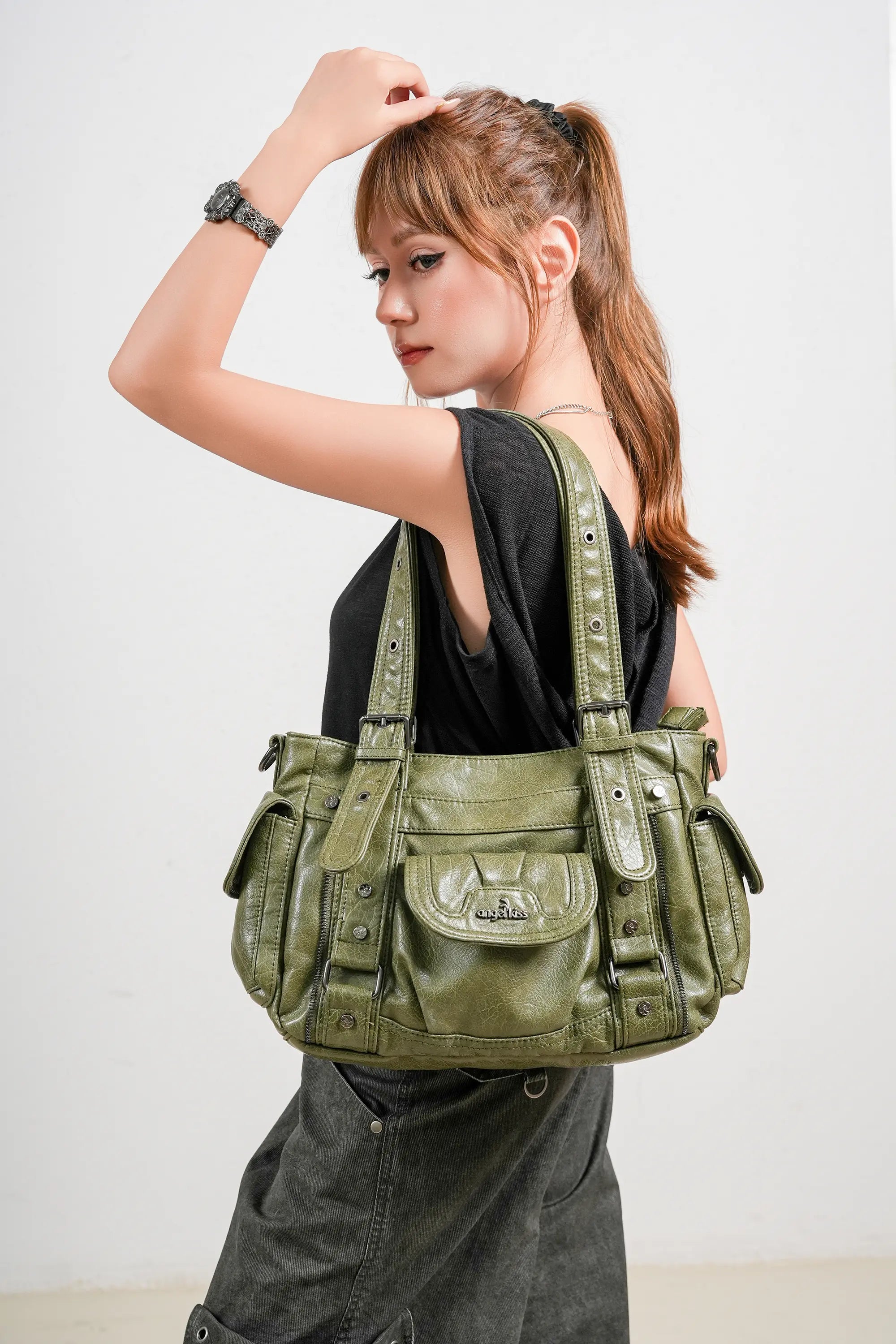 Vintage Washed Slouchy Hobo - Studded Multi-Pocket Crossbody