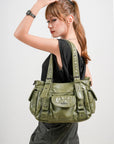Vintage Washed Slouchy Hobo - Studded Multi-Pocket Crossbody