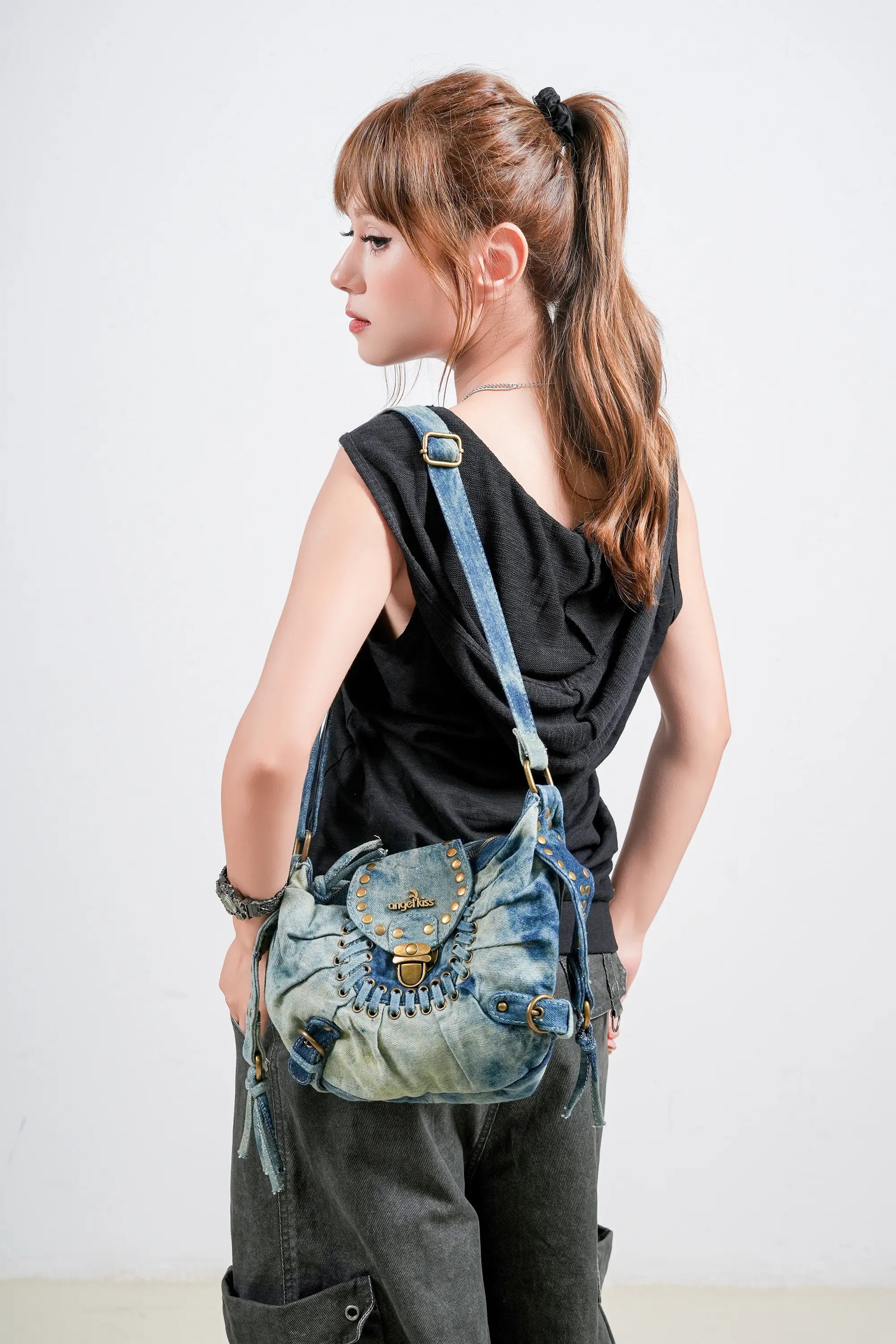 Western Studded Denim Shoulder &amp; Crossbody Bag