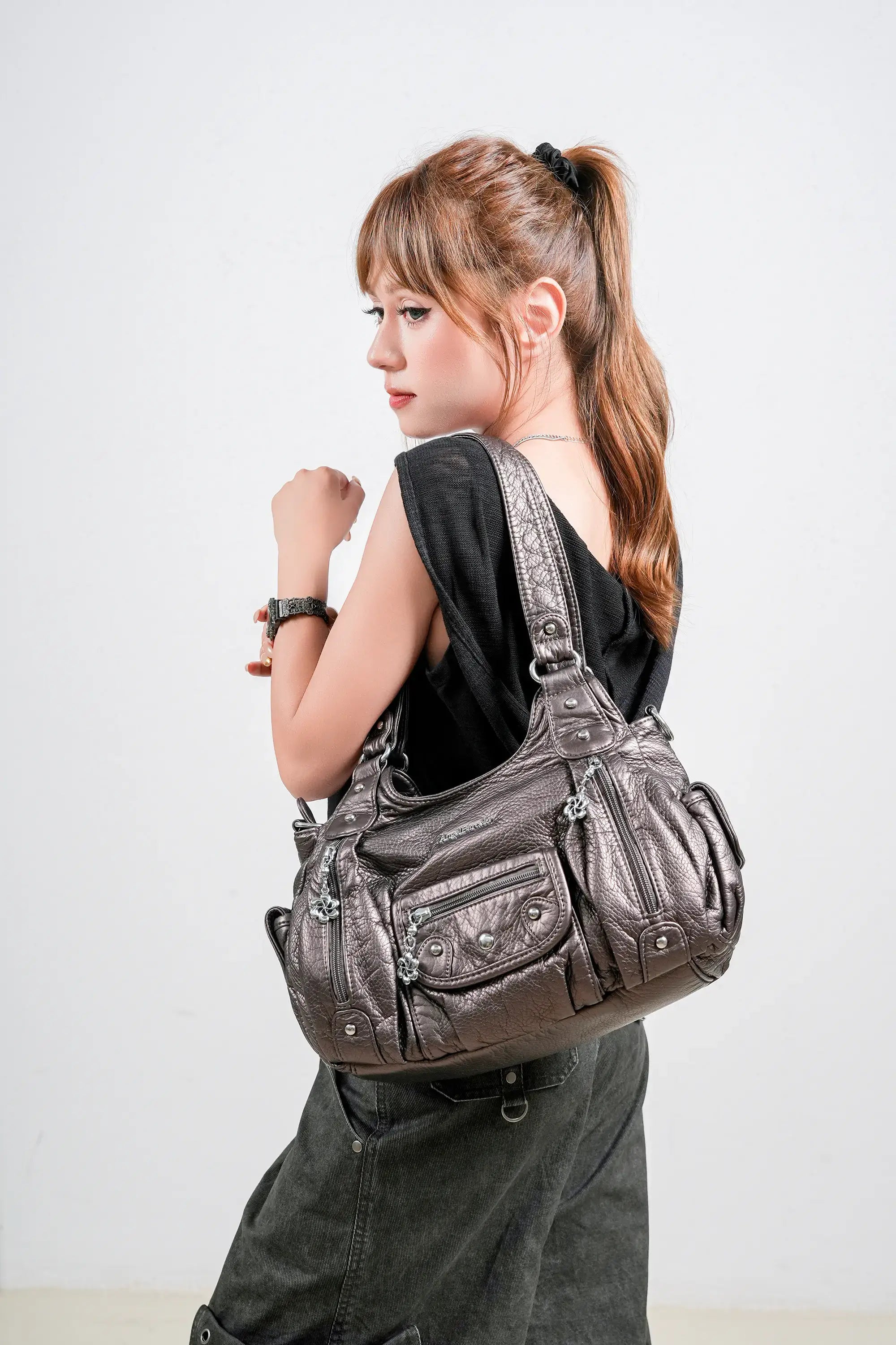 Soft PU Multi-Pocket Shoulder Purse with Crossbody Strap
