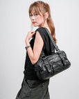 Vintage Soft Leather Boston Bag - Studded Barrel Shoulder Handbag