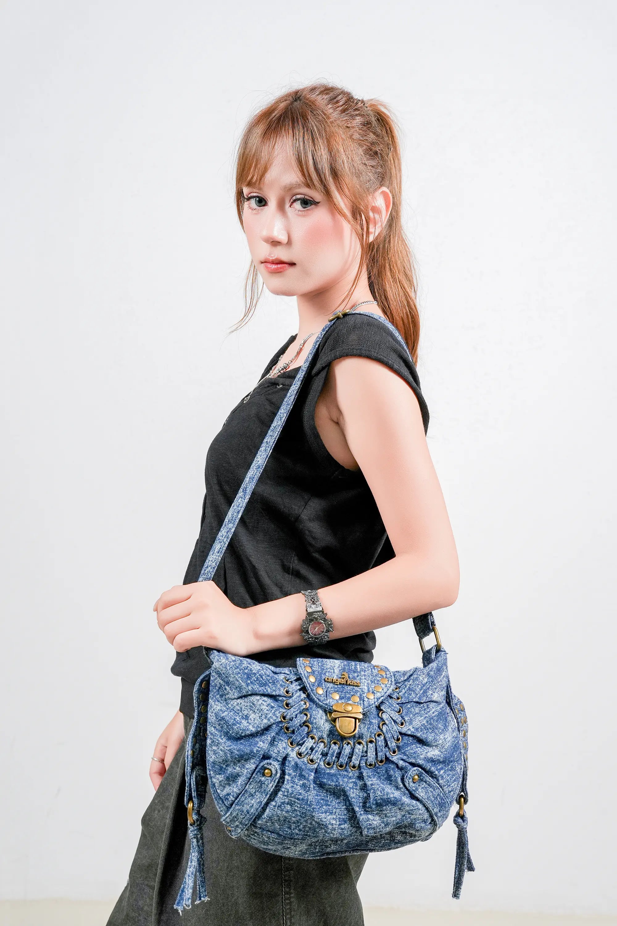 Western Studded Denim Shoulder &amp; Crossbody Bag