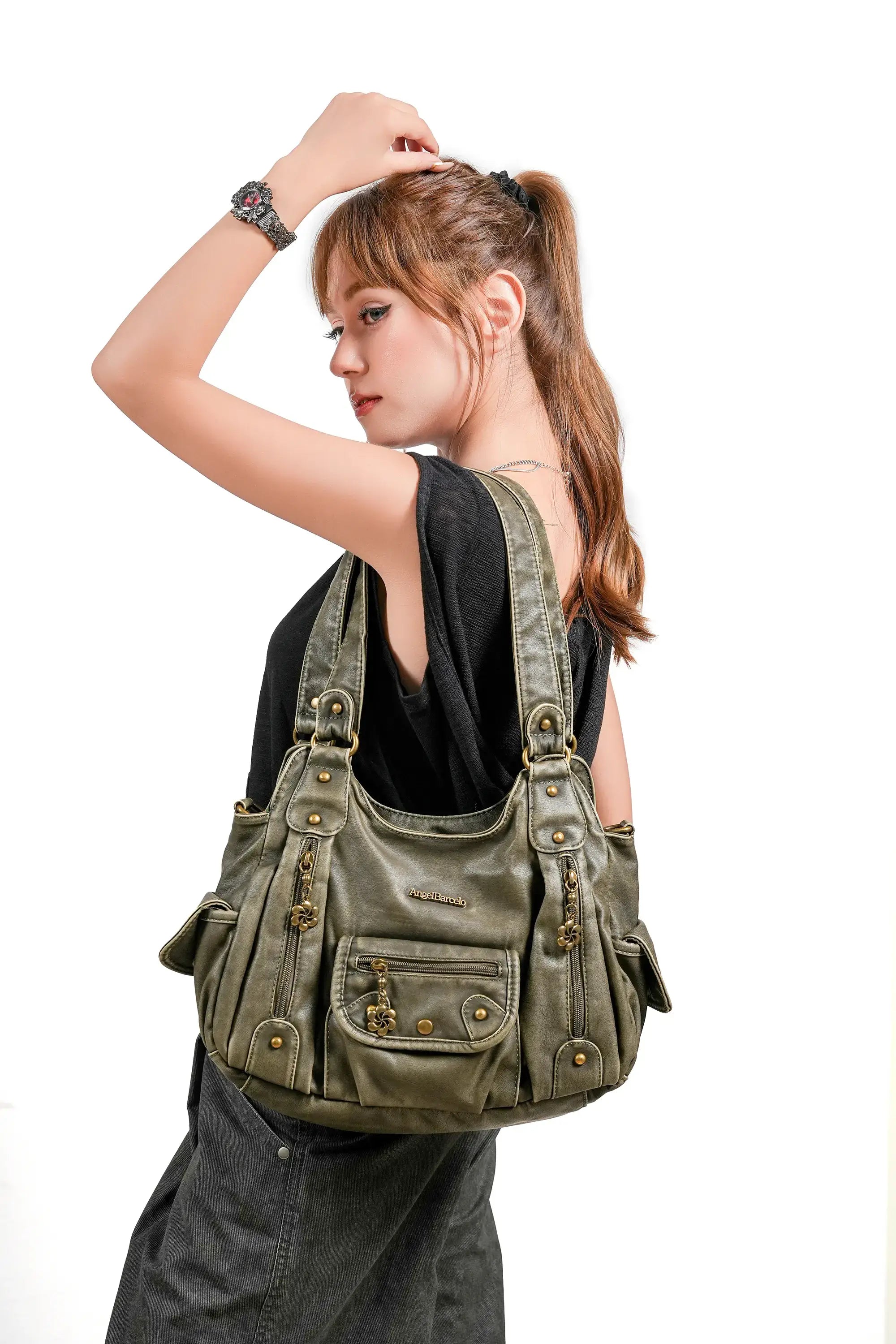 Soft PU Multi-Pocket Shoulder Purse with Crossbody Strap