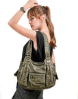 Soft PU Multi-Pocket Shoulder Purse with Crossbody Strap