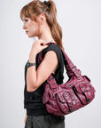 Vintage Washed Multi-Pocket Purse - Punk Studded Crossbody Shoulder Bag for Women