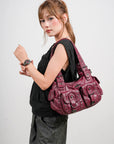 Vintage Washed Multi-Pocket Purse - Punk Studded Crossbody Shoulder Bag for Women