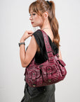 Vintage Washed Multi-Pocket Purse - Punk Studded Crossbody Shoulder Bag for Women