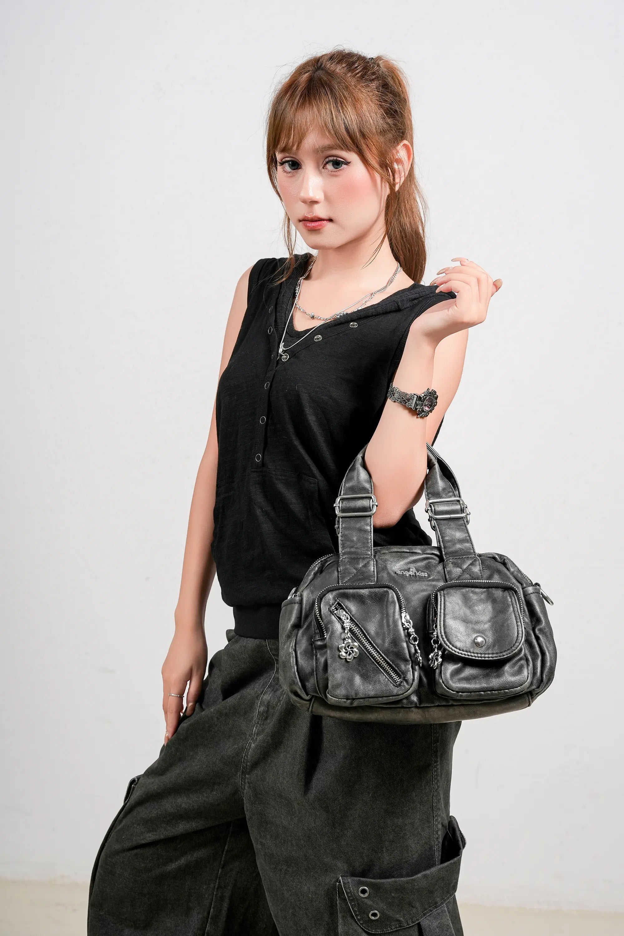 Small Multi-Pocket Satchel Bag with Adjustable Crossbody Strap