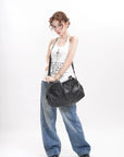 Distressed Multi-Zip Bowler Shoulder Bag