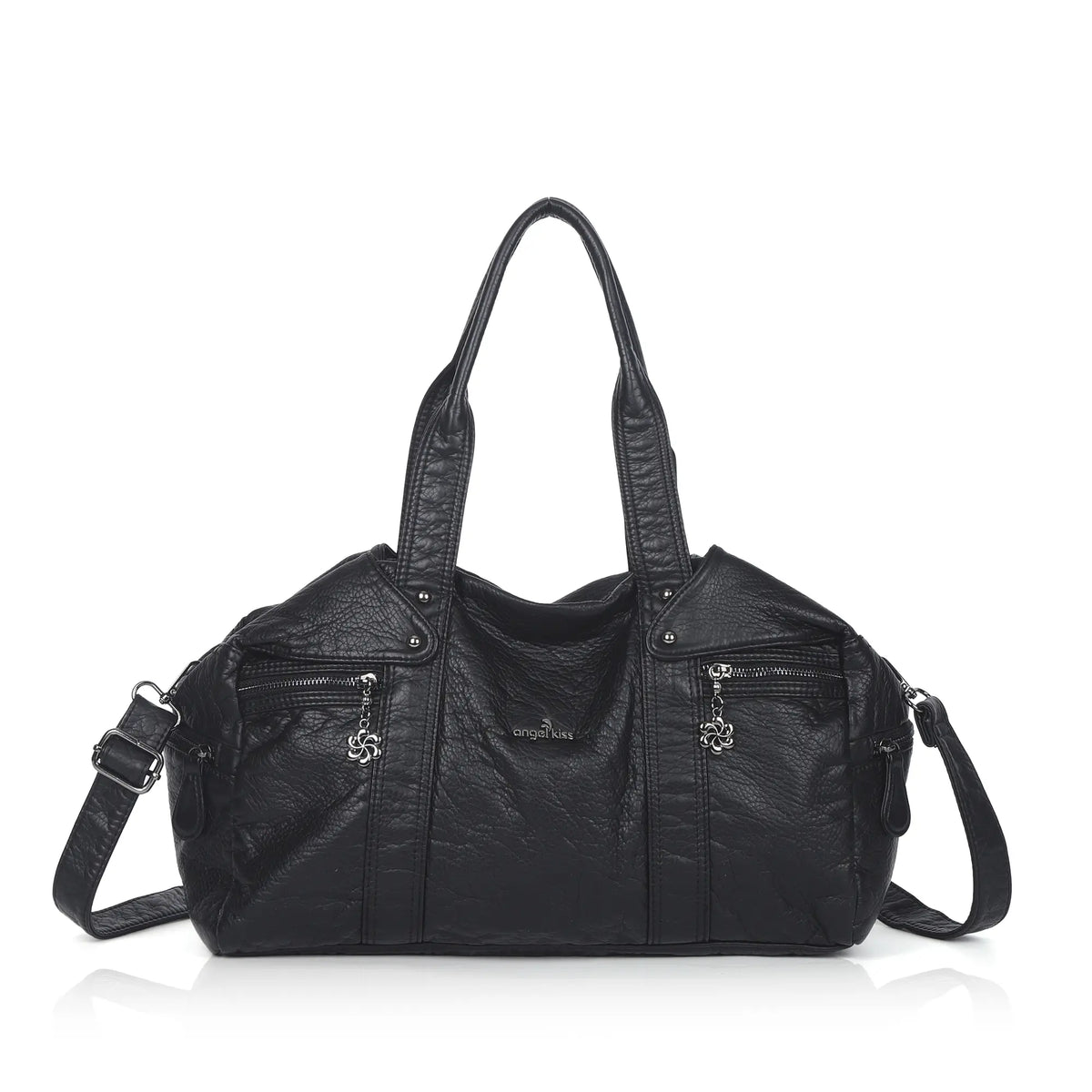 Distressed Multi-Zip Bowler Shoulder Bag