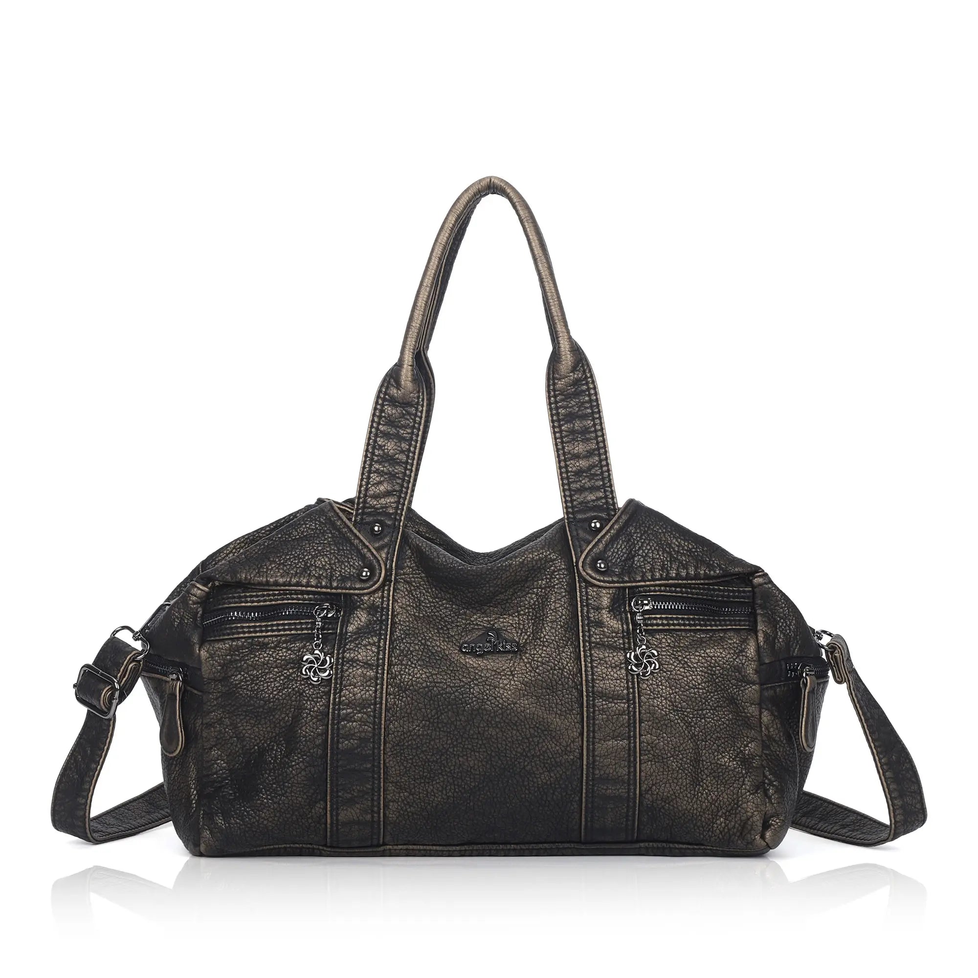 Distressed Multi-Zip Bowler Shoulder Bag