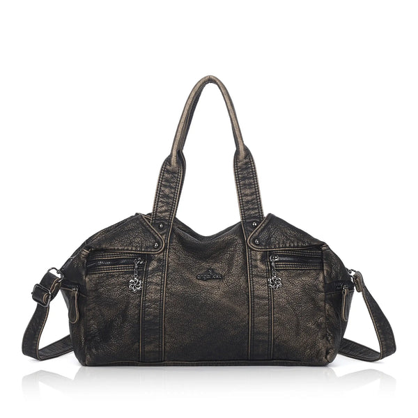 Distressed Multi-Zip Bowler Shoulder Bag