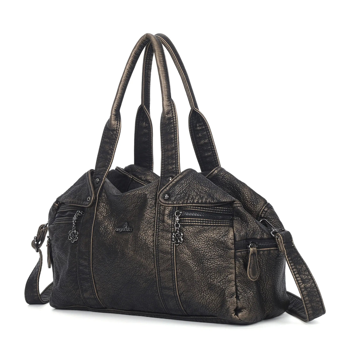 Distressed Multi-Zip Bowler Shoulder Bag