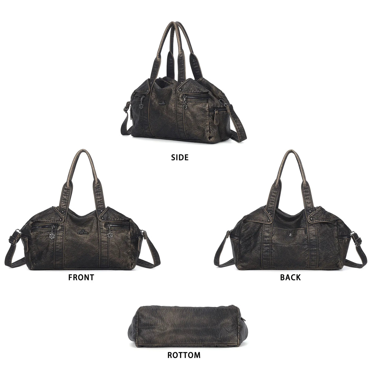 Distressed Multi-Zip Bowler Shoulder Bag
