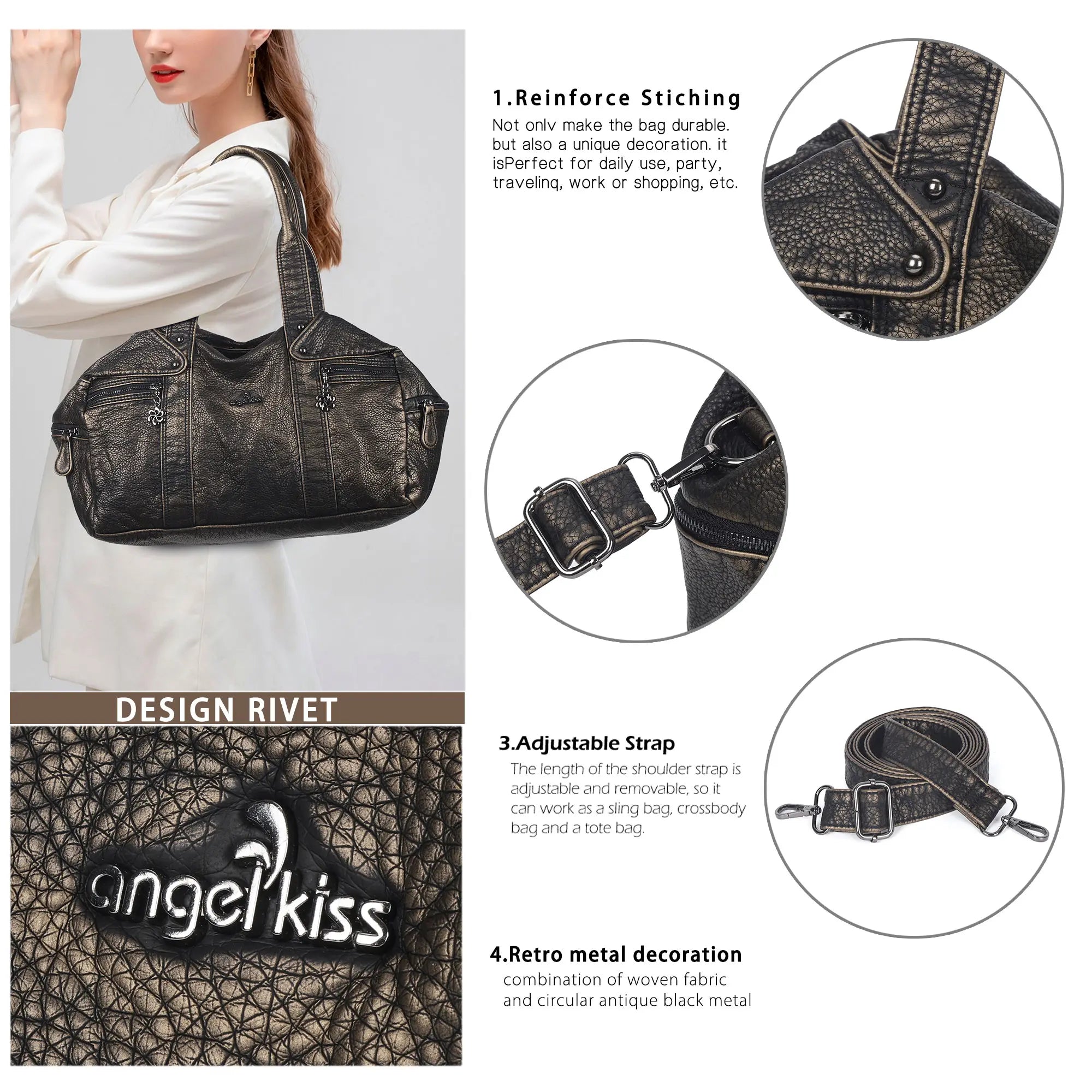 Distressed Multi-Zip Bowler Shoulder Bag
