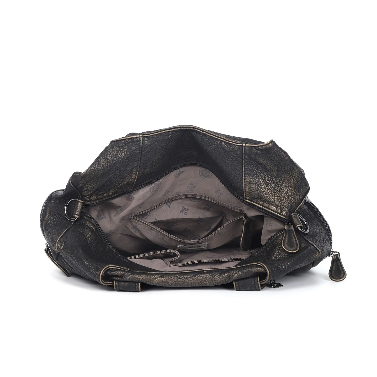 Distressed Multi-Zip Bowler Shoulder Bag
