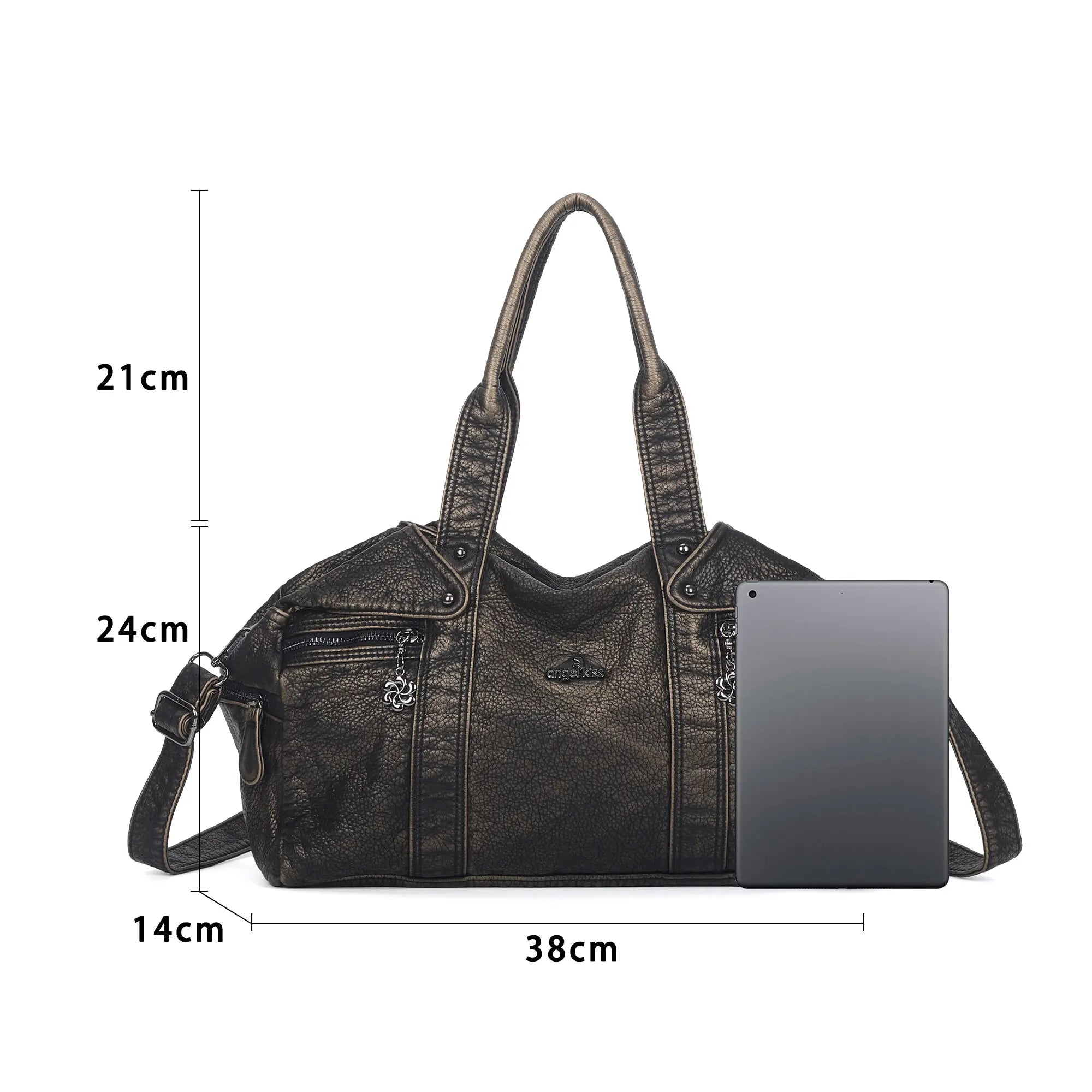 Distressed Multi-Zip Bowler Shoulder Bag