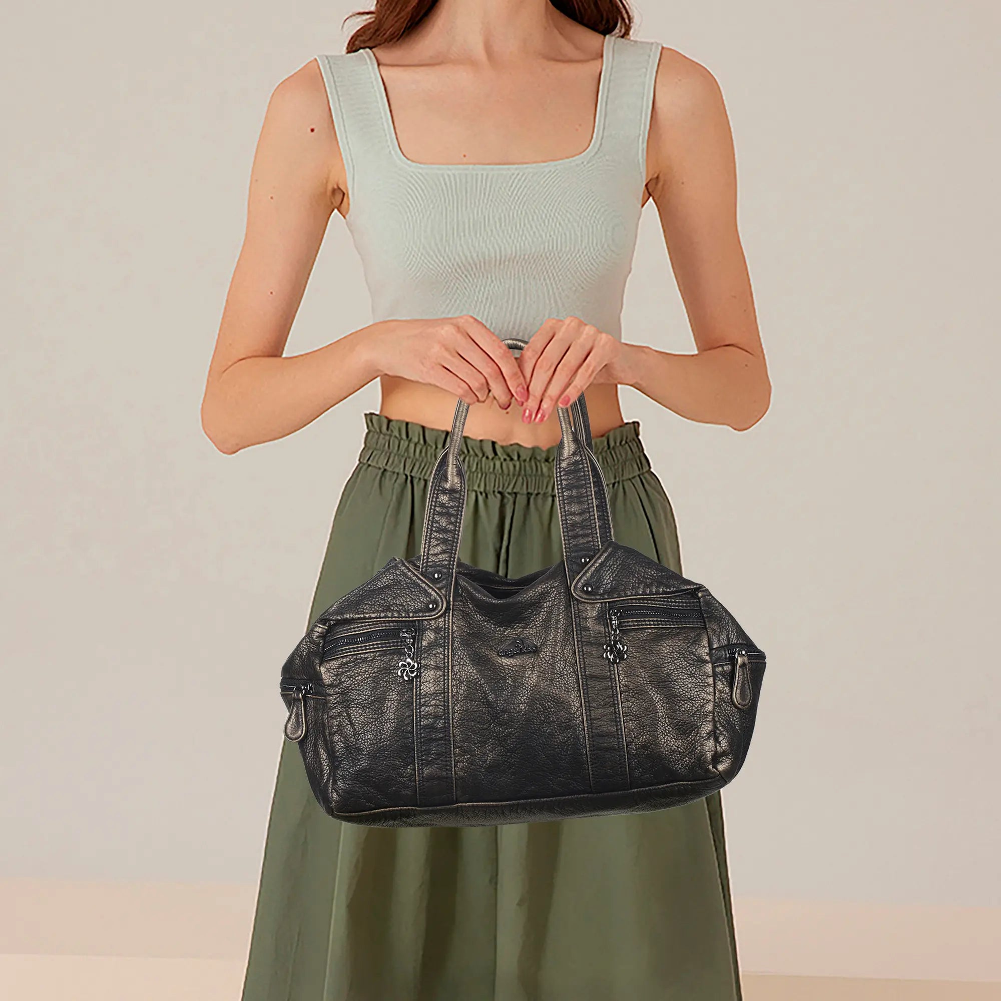 Distressed Multi-Zip Bowler Shoulder Bag