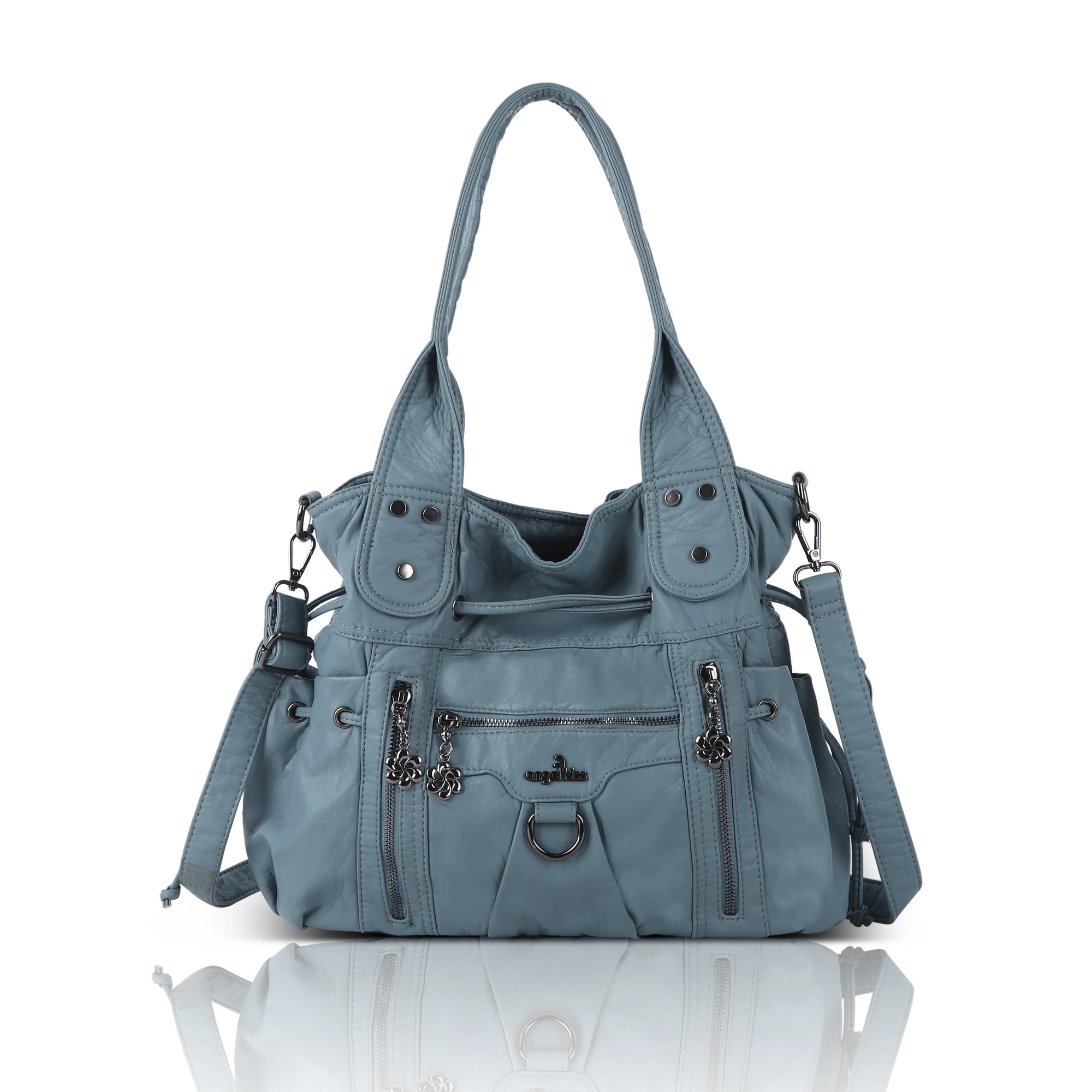 Women’s Vintage Utility Shoulder Bag with Layered Zip Pockets