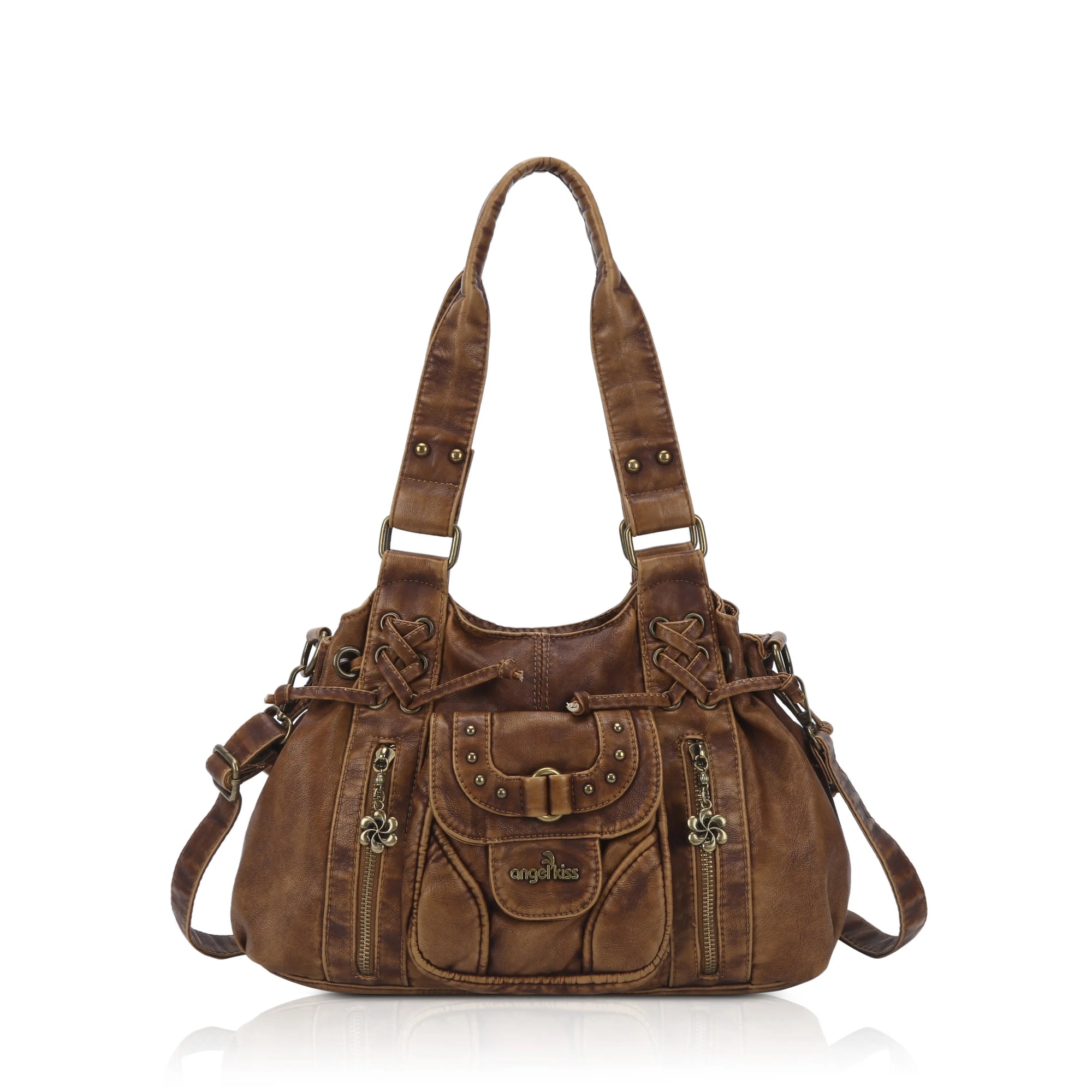 Lace-Up Multi-Pocket Hobo Shoulder Bag