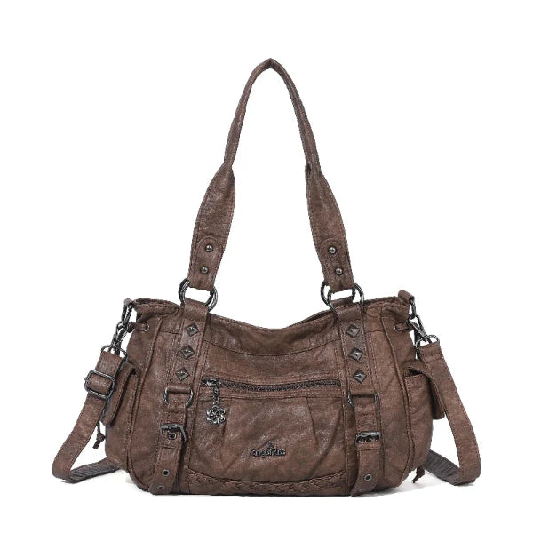 Vintage Distressed Vegan PU Studded Multi-Pocket Shoulder Tote Bag