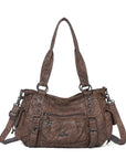 Vintage Distressed Vegan PU Studded Multi-Pocket Shoulder Tote Bag