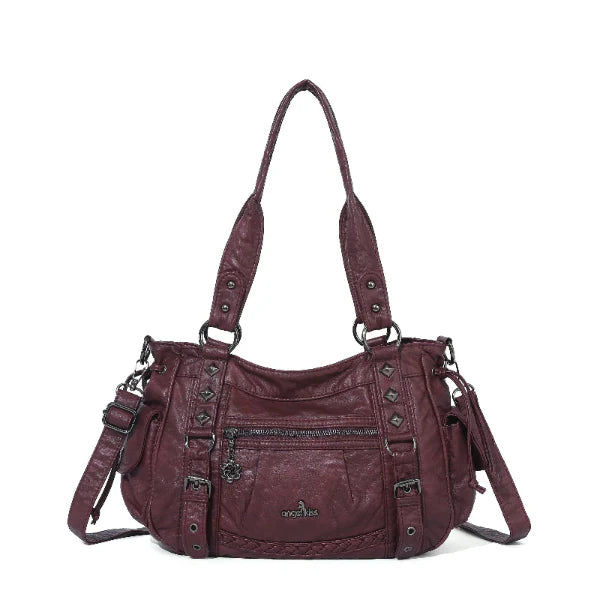 Vintage Distressed Vegan PU Studded Multi-Pocket Shoulder Tote Bag