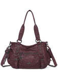 Vintage Distressed Vegan PU Studded Multi-Pocket Shoulder Tote Bag