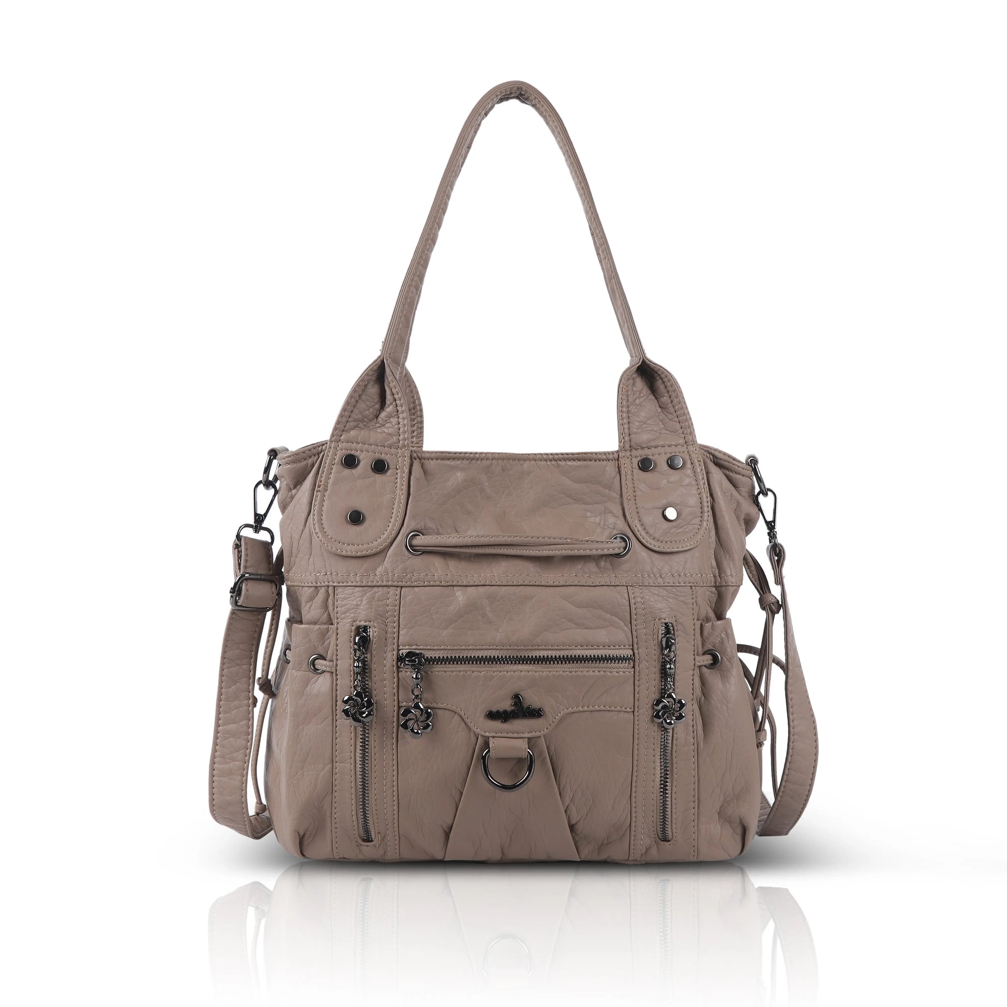 Women’s Vintage Utility Shoulder Bag with Layered Zip Pockets