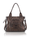 Women’s Vintage Utility Shoulder Bag with Layered Zip Pockets