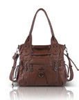 Women’s Vintage Utility Shoulder Bag with Layered Zip Pockets