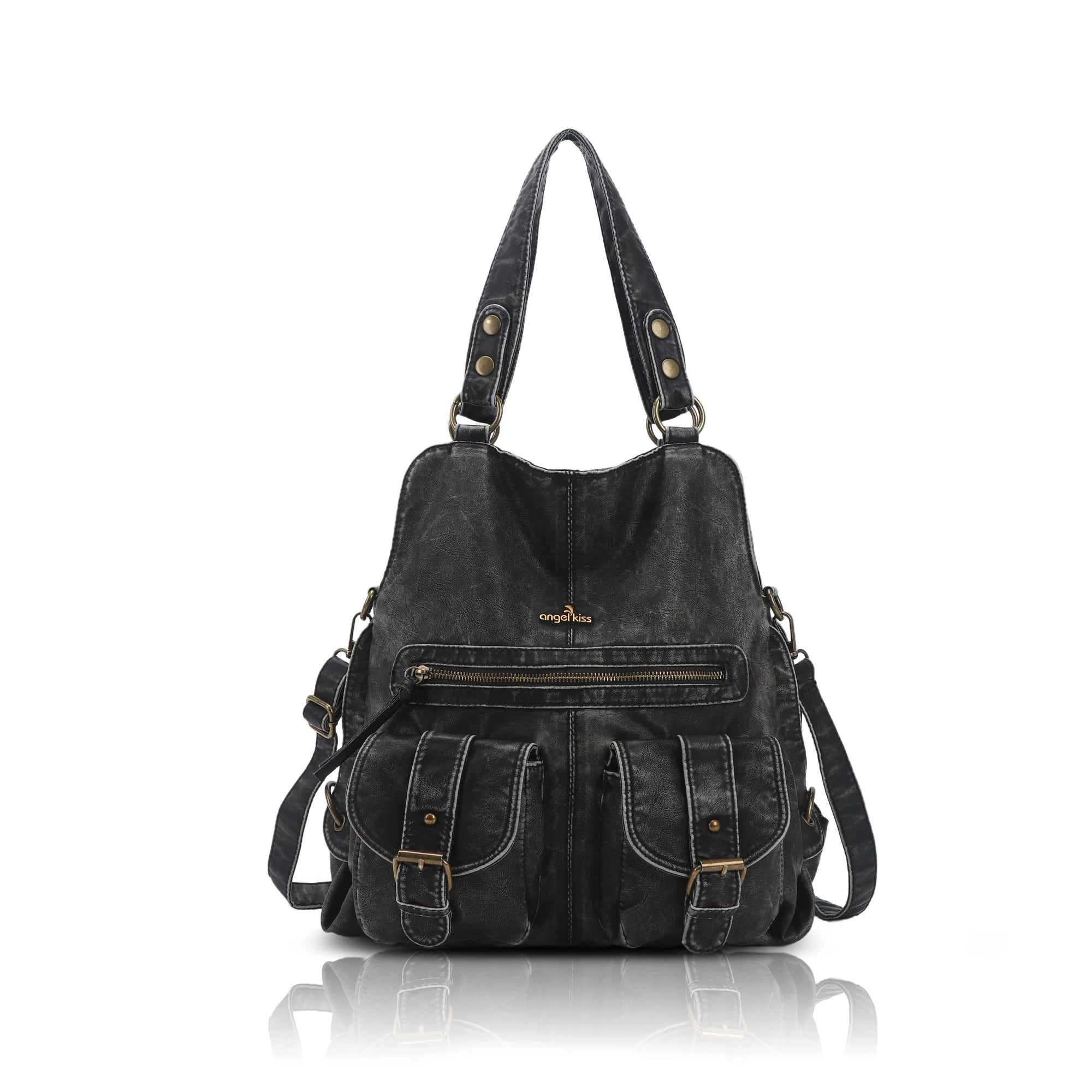 Washed Multi-Pocket Cargo Tote Bag with Crossbody Strap