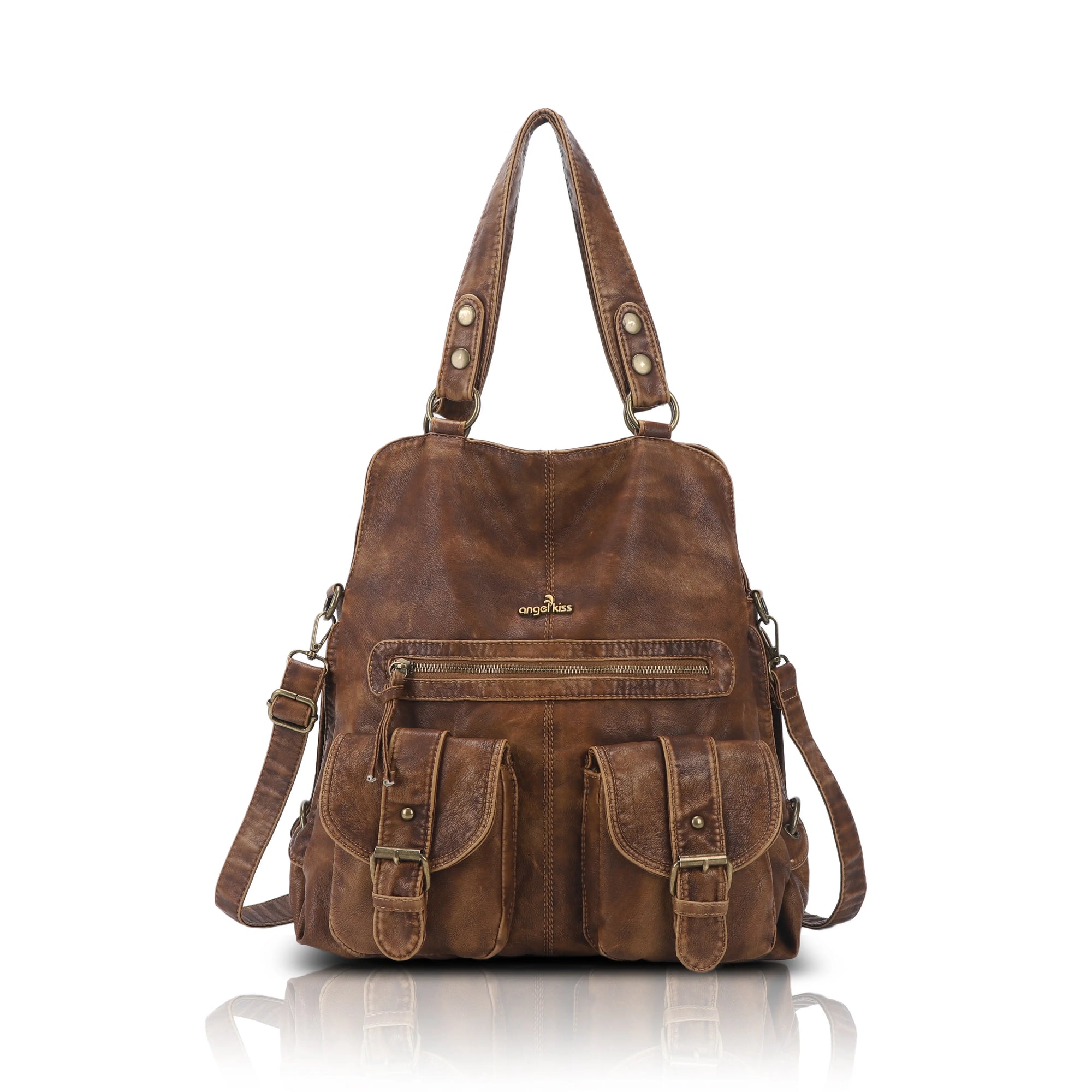 Washed Multi-Pocket Cargo Tote Bag with Crossbody Strap