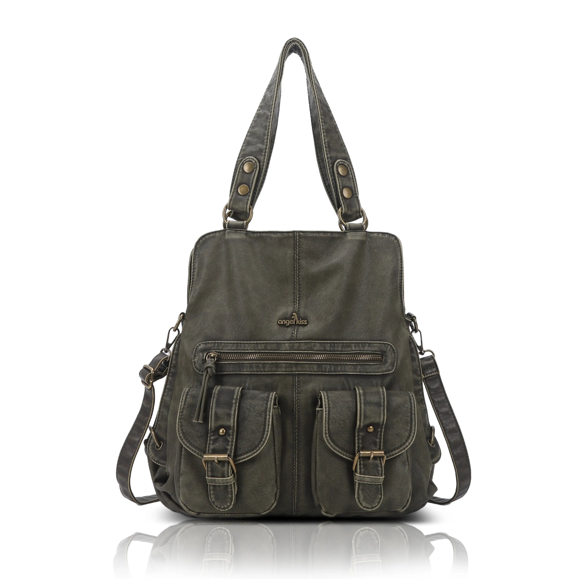 Washed Multi-Pocket Cargo Tote Bag with Crossbody Strap
