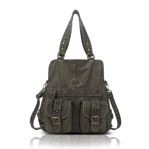 Washed Multi-Pocket Cargo Tote Bag with Crossbody Strap