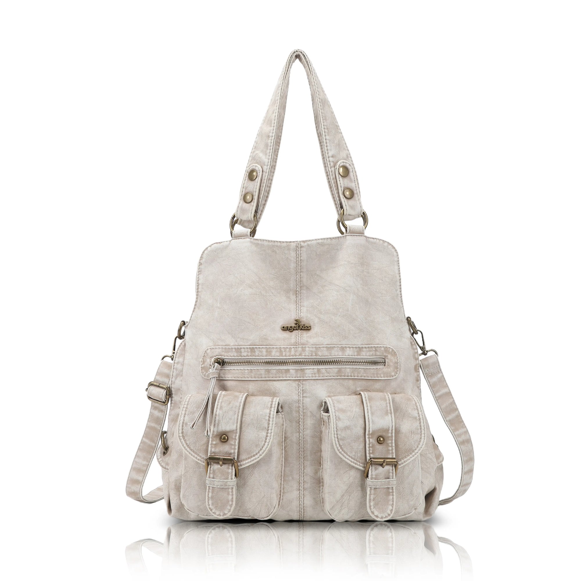 Washed Multi-Pocket Cargo Tote Bag with Crossbody Strap