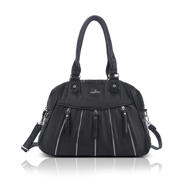 Large Multi-Zipper Pocket Satchel Bag with Crossbody Strap