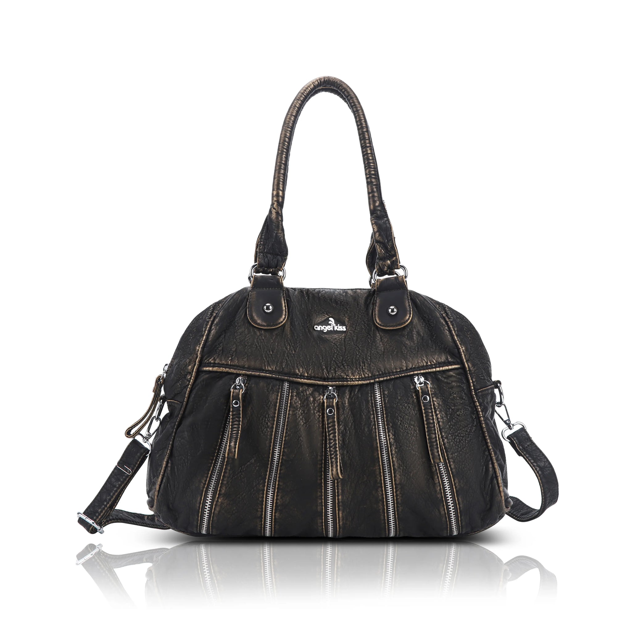 Large Multi-Zipper Pocket Satchel Bag with Crossbody Strap