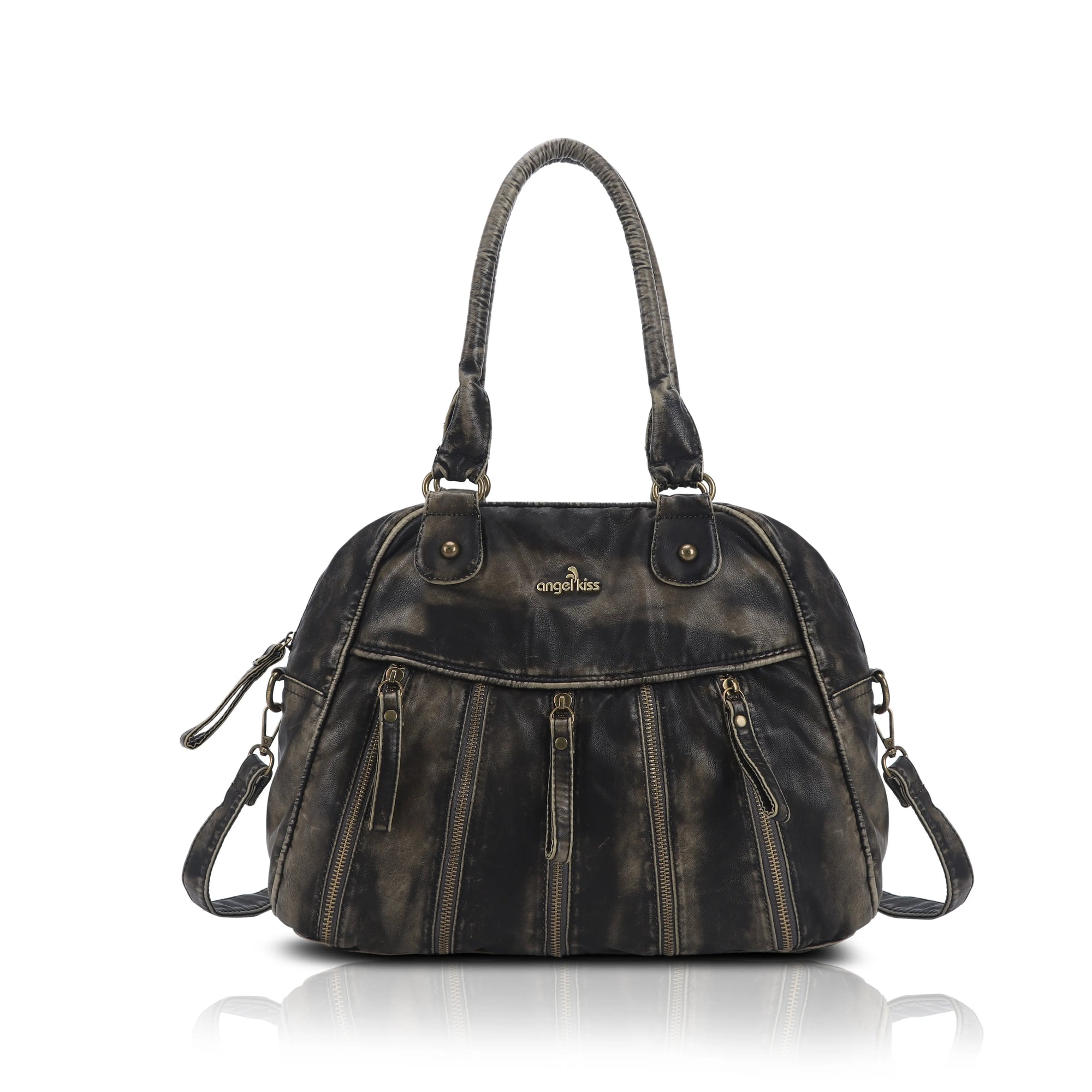 Large Multi-Zipper Pocket Satchel Bag with Crossbody Strap