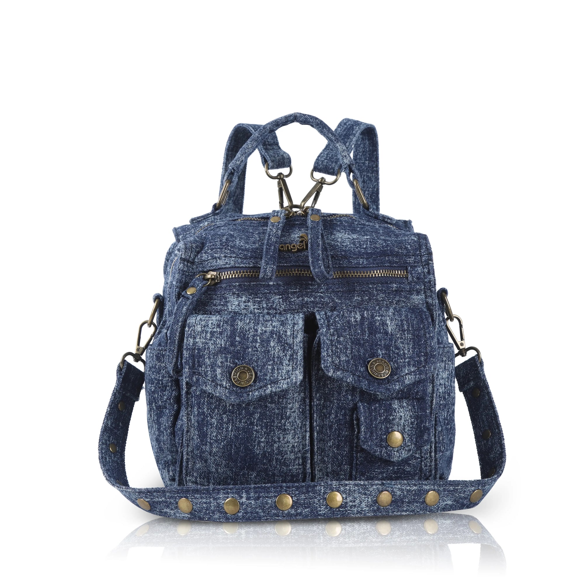 Denim Convertible Backpack Purse with Studded Strap