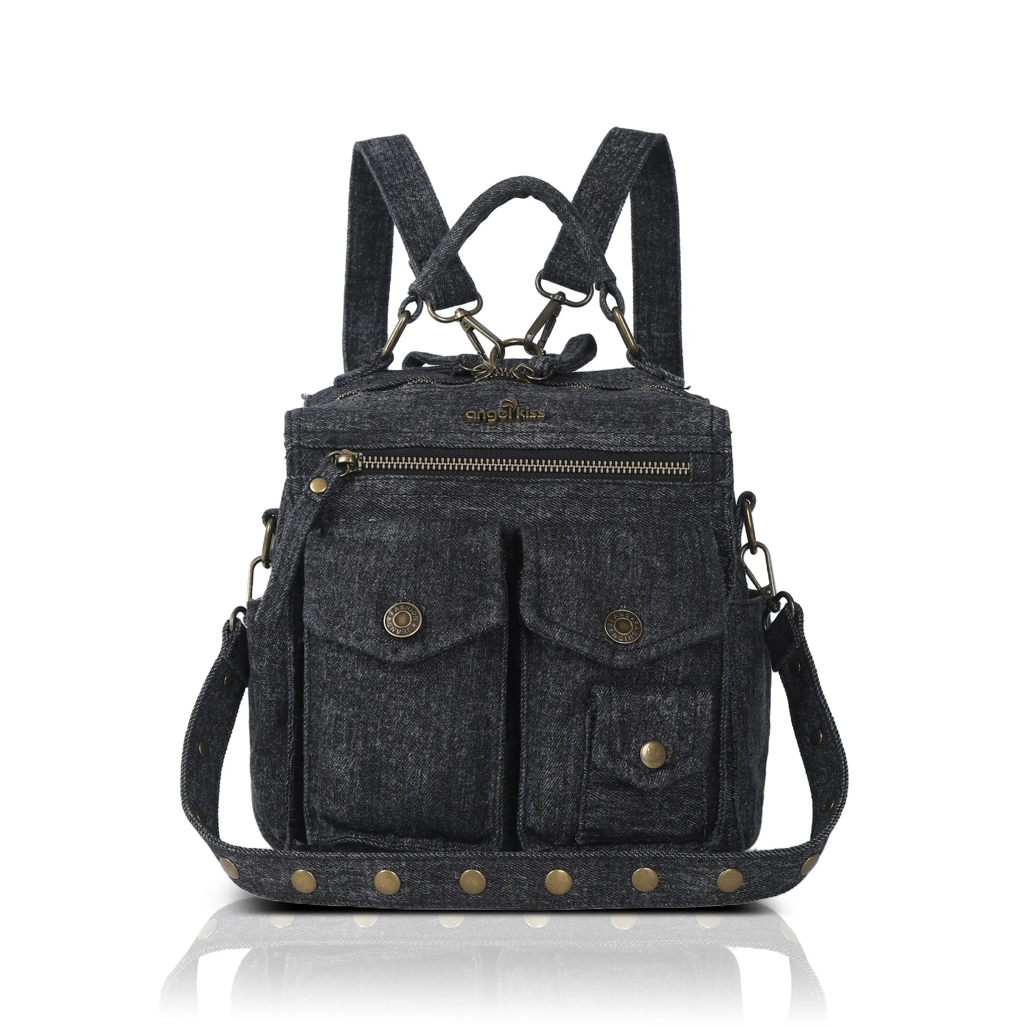 Denim Convertible Backpack Purse with Studded Strap