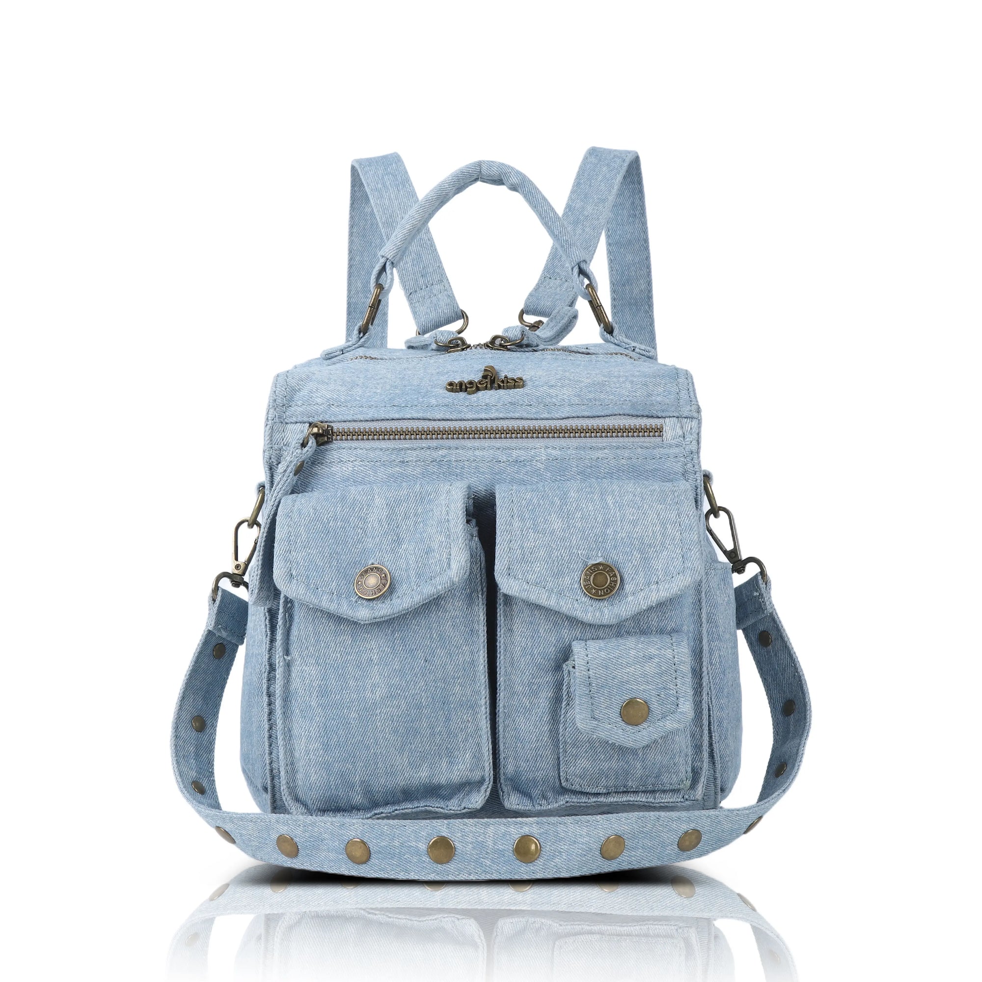 Women's Denim Convertible Backpack Purse with Studded Crossbody Strap – Angel Kiss