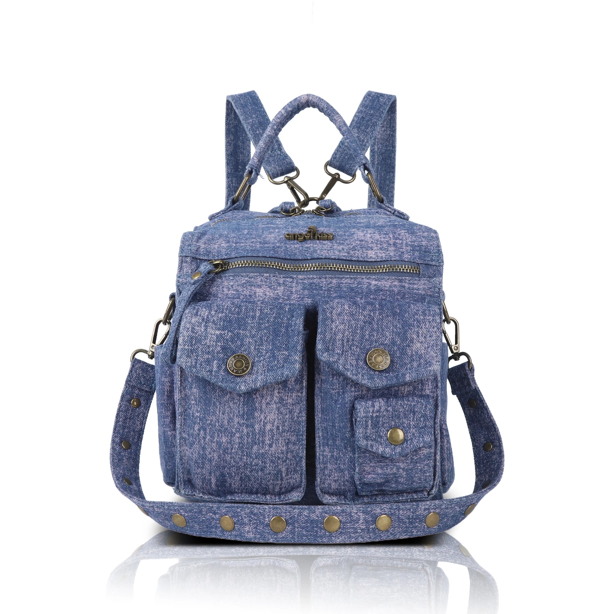 Denim Convertible Backpack Purse with Studded Strap